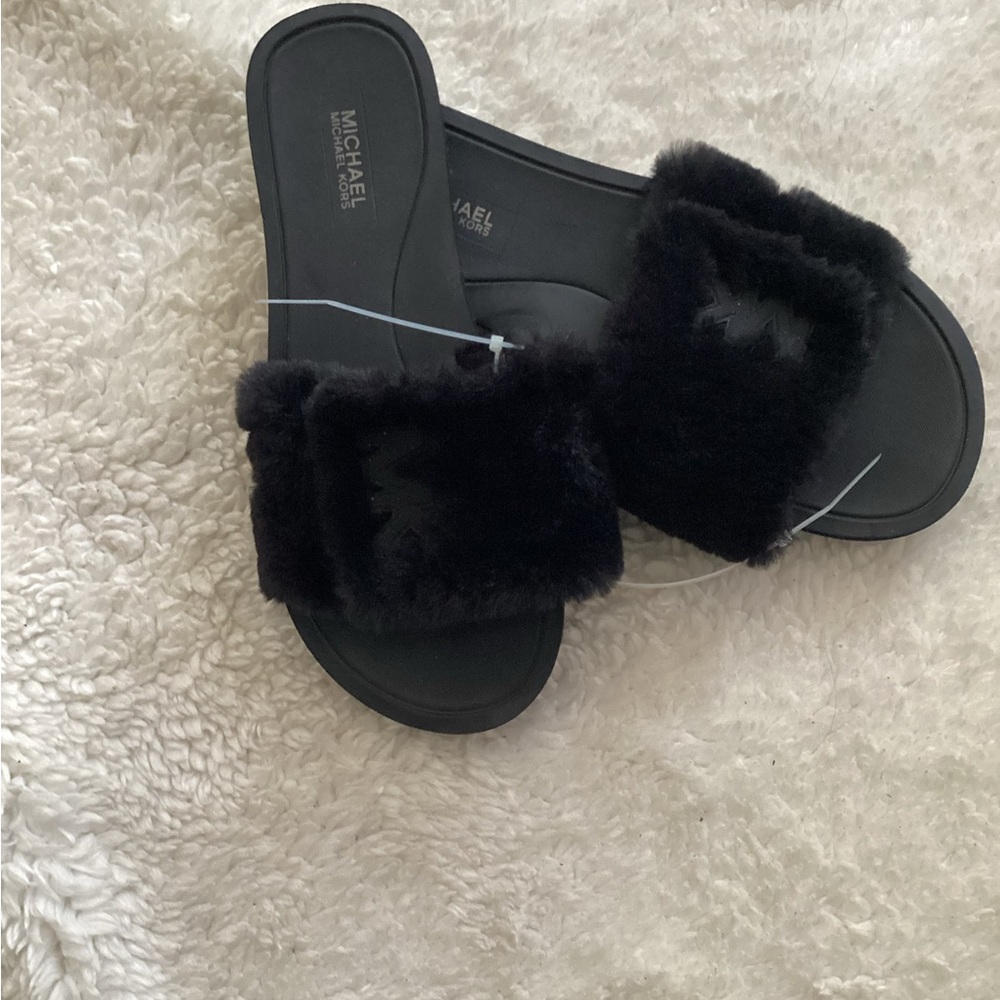 Michael Kors Black Faux-Fur Slide Sandals
